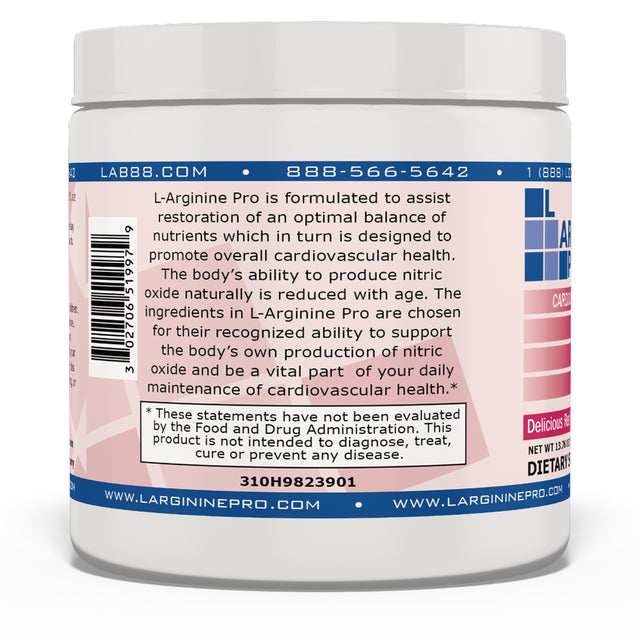 L-Arginine Pro Powder - 5500Mg L-Arginine, 1100Mg L-Citrulline Cardio Health (Raspberry, (4) Jars)