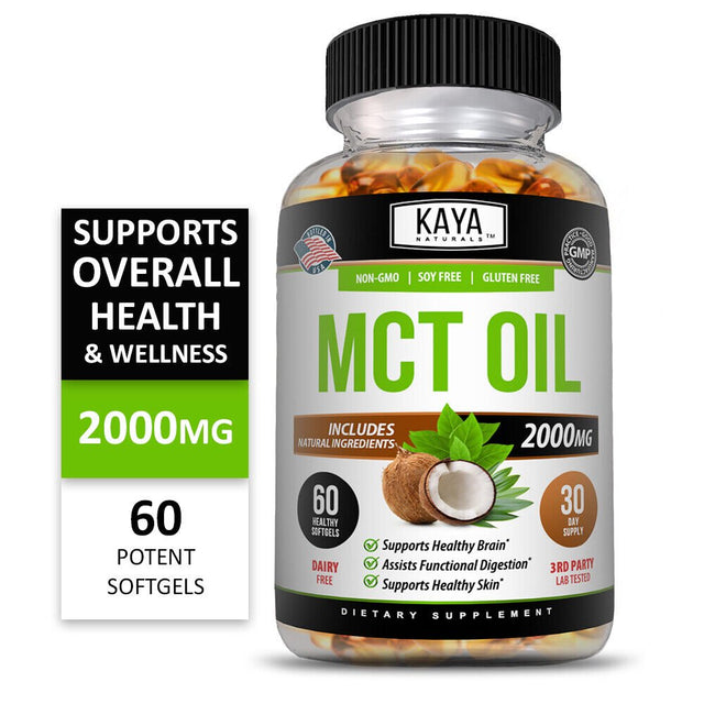 Kaya Naturals 3X 60Ct Pure MCT Oil 2000Mg, C8 C10 Weight Loss, Energy, Inflammation Capsules
