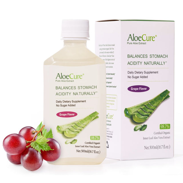 Aloecure USDA Organic Aloe Vera Juice Grape Flavor, Made within 12 Hours of Harvest - Pure Aloe Vera Drink Natural Treatment for Acid Reflux, GERD, Natural Acid Buffer, Aloe Vera Inner Fillet Juice