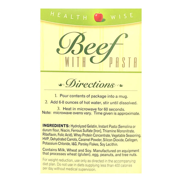 Healthwise Beef Soup with Pasta For- Hunger Control - for Weight Loss- - Protein Supplement - (7 Packets of 0.95 Oz., Net 6.67 Oz.) - 15 Grams of Protein - 90 Calories