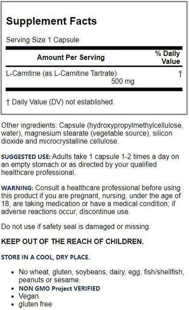 Jarrow Formulas L-Carnitine, 500 Mg, 50 Veggie Capsules