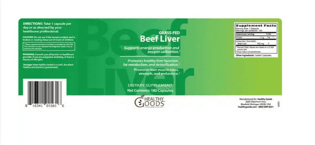 Healthy Goods Grass Fed Beef Liver Capsules, 180 Capsules