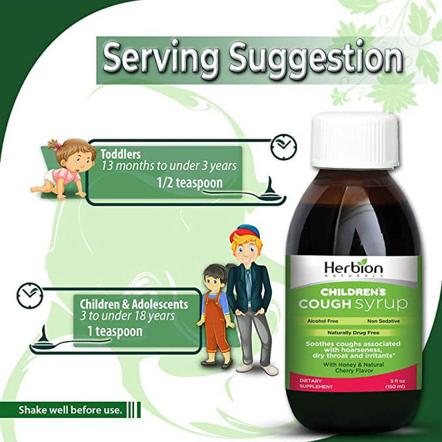 Herbion Naturals Cough Syrup for Children - 5 FL Oz - Good Tasting Supplement with Natural Honey & Cherry Flavor, Helps Relieve Cough, Promotes Healthy Lung Function - for Kids 13 Months and Above.