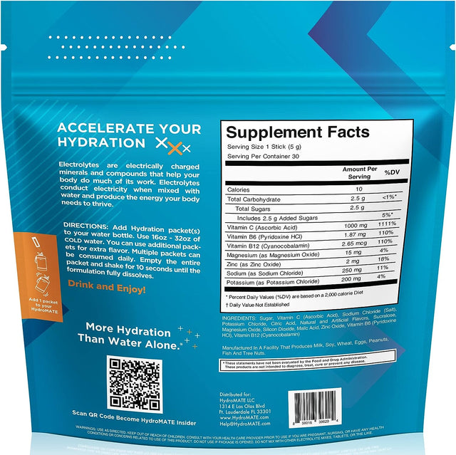 Hydromate Electrolytes Powder Packets Drink Mix Low Sugar Hydration Accelerator with Vitamin C Orange 30 Count