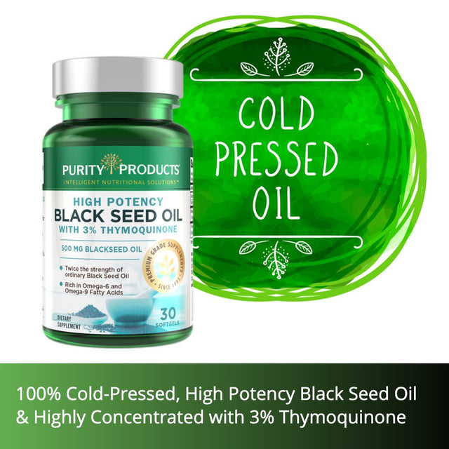 High Potency Black Seed Oil - Double Strength + Cold Pressed - 3% Thymoquinone - 500 Mg Black Cumin Seed Oil - Omega 6 + 9 Essential Fatty Acids - Easy to Swallow, Just One per Day - 30 Mini Softgels