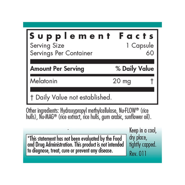 Nutricology Melatonin 20 Mg - High Potency Sleep and Immune Support - 60 Vegetarian Capsules