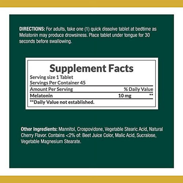 Nature'S Bounty Melatonin, 100% Drug Free Sleep Aid, Dietary Supplement, 10 Mg, 45 Count