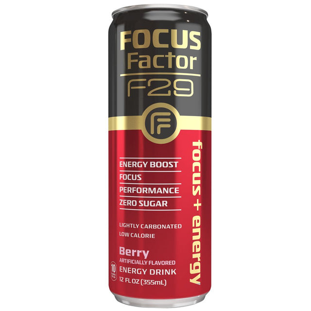 Focus Factor F29 Nootropic Focus + Energy Drink (Berry Flavor) – Sugar Free, Pack of 4 – Lightly Carbonated – 10 Calories per Serving – Nootropic Beverage