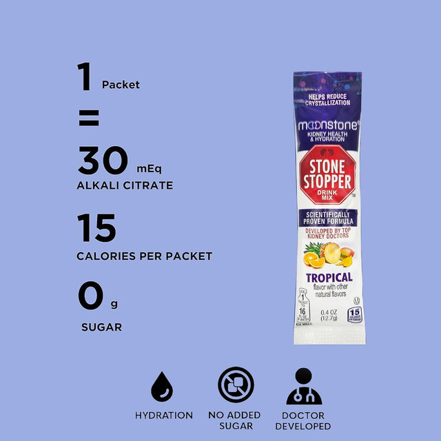 Kidney Stone Stopper Drink Mix Tropical Flavor, Outperforms Chanca Piedra & Kidney Support Supplements, Developed by Urologists to Prevent Kidney Stones and Improve Hydration, 15 Day Supply