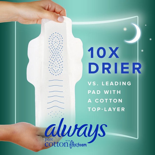 Always Pure Cotton Feminine Pads with Wings, Size 5, Extra Heavy Overnight Absorbency 18 CT