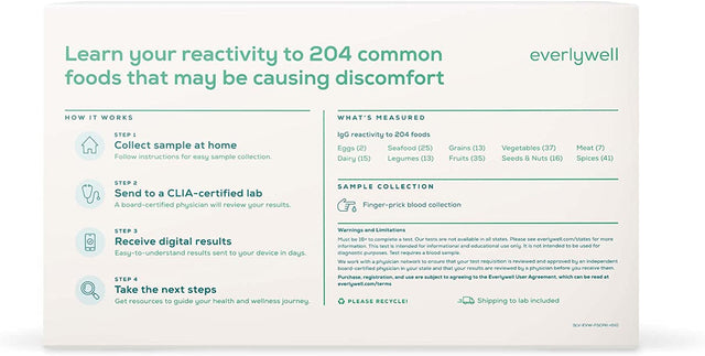 Everlywell Food Sensitivity Comprehensive Test - Learn How Your Body Responds to 204 Different Foods - At-Home Collection Kit - Clia-Certified Labs - Ages 18+