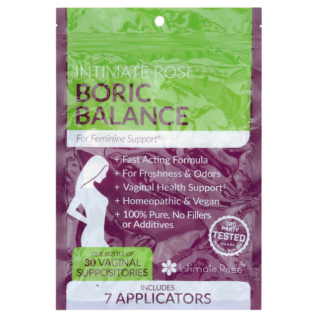 Intimate Rose Boric Acid , Ph Balance for Women, Boric Acid Vaginal Suppositories for Yeast Infection, Vaginitis, Bacterial Vaginosis, 30-Count (600Mg) Includes 7 Applicators - 100% Made in USA