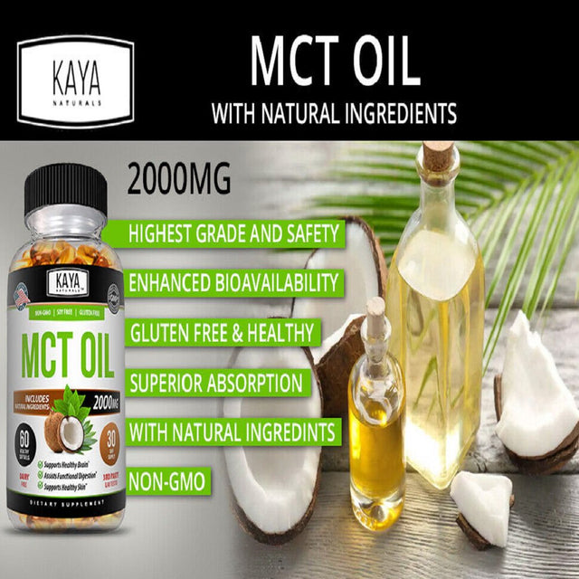 Kaya Naturals 3X 60Ct Pure MCT Oil 2000Mg, C8 C10 Weight Loss, Energy, Inflammation Capsules