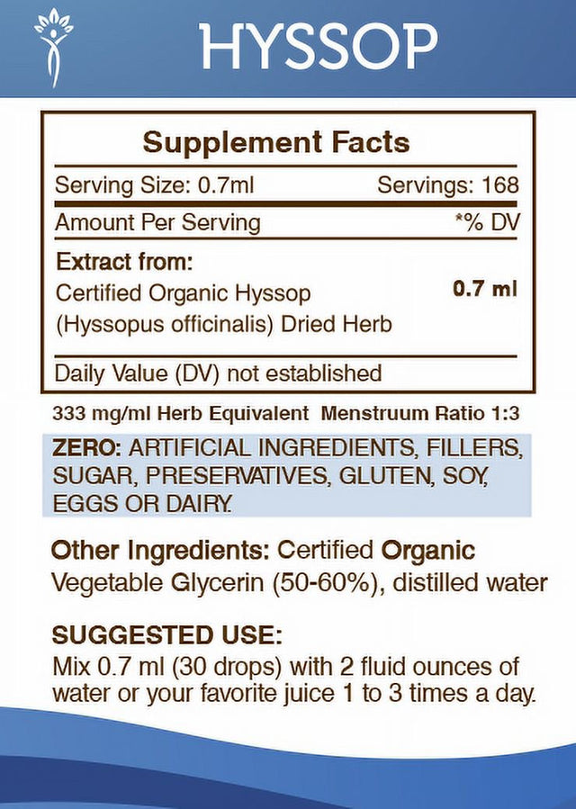 Hyssop Tincture Alcohol-Free Extract, Organic Hyssop (Hyssopus Officinalis) Dried Herb 4 Oz