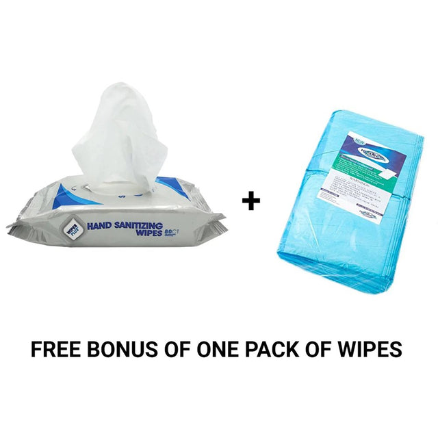 Healthline (Chux) Disposable Underpads Large 23 X 36, Waterproof Highly Absorbent Blue Bed Pads for Adults, Children, and Pets (50/Pack) plus Hand Sanitizing Wipes