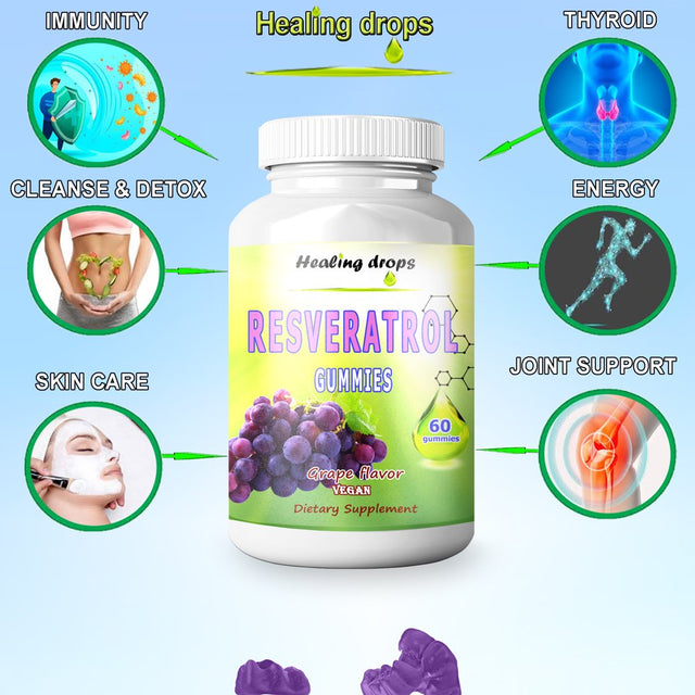 Resveratrol Gummies - Potent Resveratrol Supplement for Immune & Digestive Support Antioxidant Heart & Brain Wellness Resveratrol 1200Mg Healing Drops