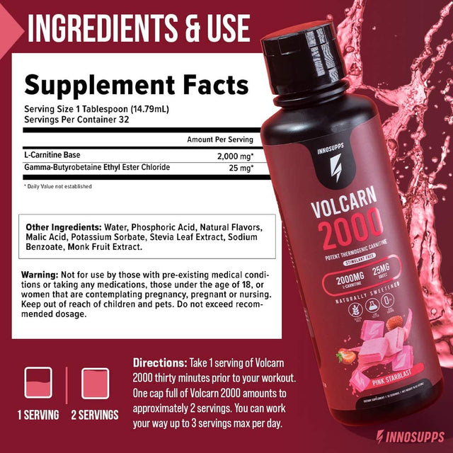 Innosupps Volcarn 2000 - Advanced Fat Burning Liquid | L-Carnitine,Gbeec, Boost Energy, ATP Enhancer | Caffeine Free, No Artificial Sweeteners | 32 Servings (Pink Starblast)