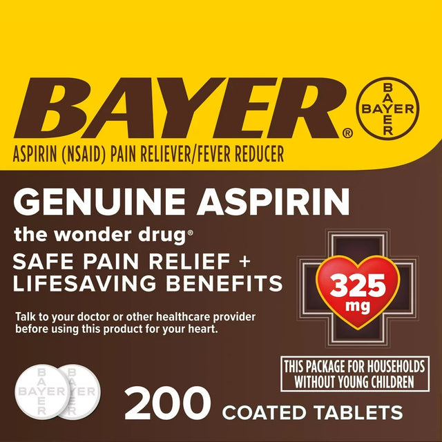 Genuine Bayer Aspirin Pain Reliever/Fever Reducer Coated Tablets, 325 Mg, 200 Count
