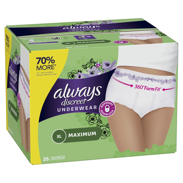 Always Discreet, Postpartum Incontinence Underwear for Women, Maximum, XL, 26 Ct