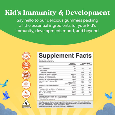 Plant Based Kids Multivitamin Gummies - Multivitamin for Kids Immunity Support Gummies with Vitamins a C D3 E B and Zinc Gelatin and Gluten Free Non-Gmo Kids Vitamins Gummy Multivitamin Formula 120Ct