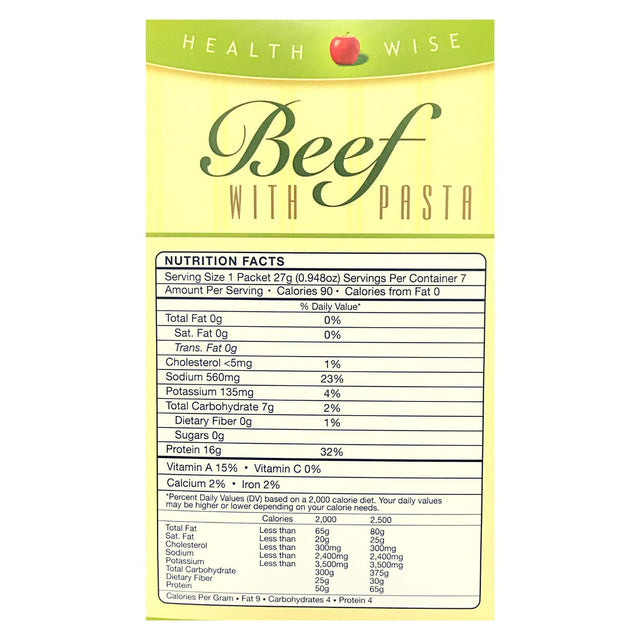 Healthwise Beef Soup with Pasta For- Hunger Control - for Weight Loss- - Protein Supplement - (7 Packets of 0.95 Oz., Net 6.67 Oz.) - 15 Grams of Protein - 90 Calories