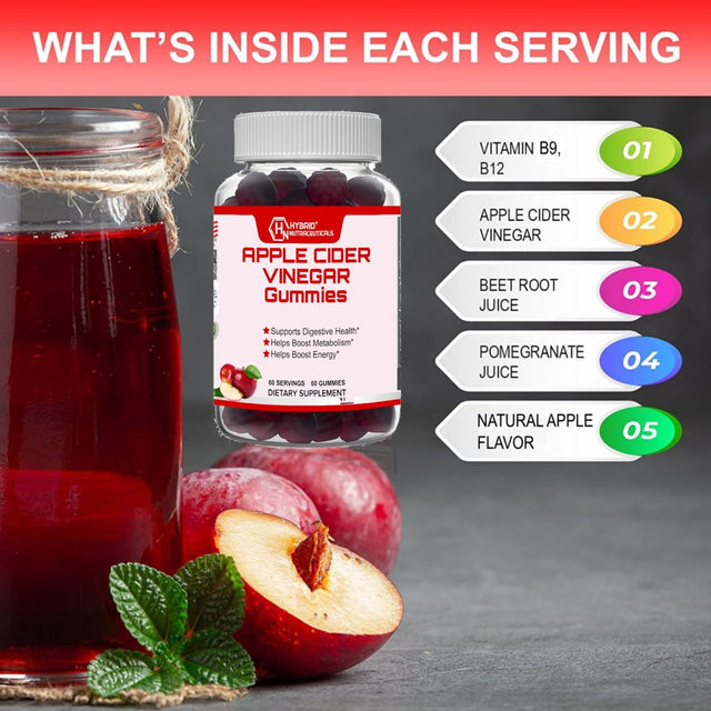 Hybrid Nutraceuticals Apple Cider Vinegar Gummies 500Mg ACV with Beetroot, Pomegranate - ACV KETO Gummies for Weight Loss,