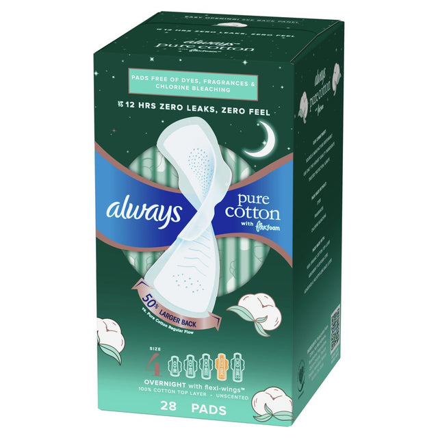 Always Pure Cotton Feminine Pads with Wings, Size 4, Overnight Absorbency, 28 CT