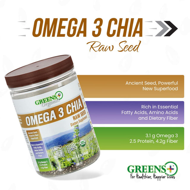 Greens plus Organic Omega 3 Chia Ancient Raw Seed | Dietary Supplement | 1 Lb Jar