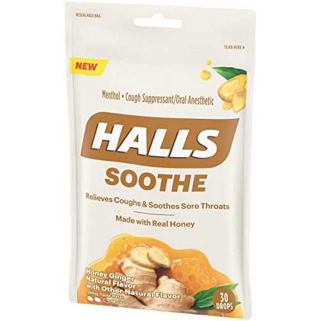 Halls Soothe Honey Ginger Flavored Cough Drops, 30 Drops