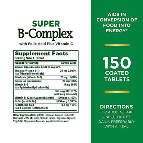 Nature’S Bounty Super B Complex with Vitamin C & Folic Acid, Immune & Energy Support, 150 Tablets