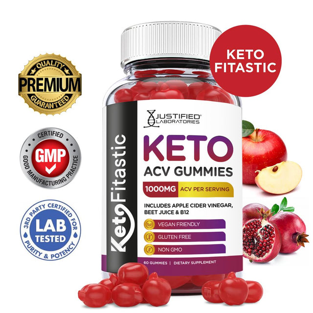 Justified Laboratories Ketofitastic Keto Gummies 1000MG ACV with Pomegranate Juice Beet Root B12 60 Gummys
