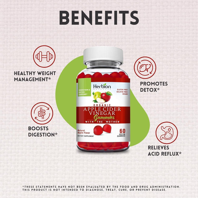 Herbion Naturals Organic Apple Cider Vinegar Gummies with the “Mother”, Digestion and Detox Support, Pectin Based, Vegan, Made in the USA - (Pack of 3, 180 Gummies)