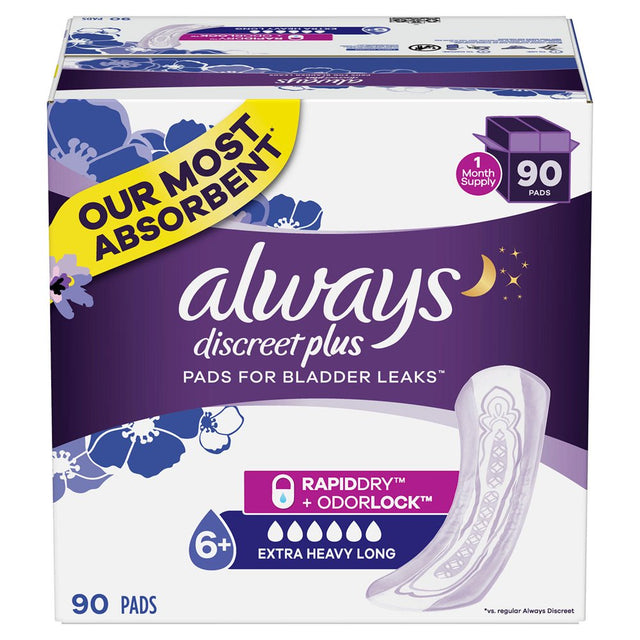 Always Discreet Plus, Incontinence Pads for Women, Extra Heavy Absorbency, Long Length, (90 Ct.)