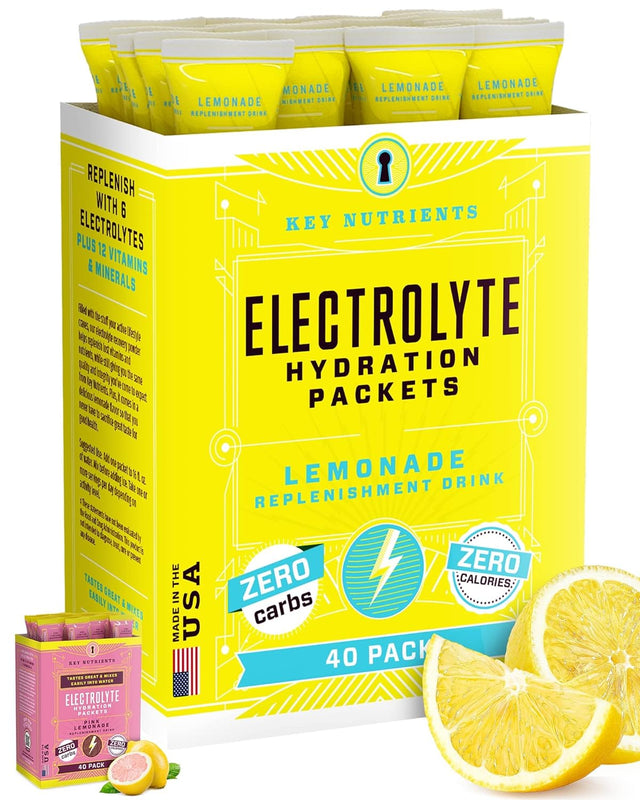 KEY NUTRIENTS Electrolytes Hydration Packets - Refreshing Lemonade 40 Pack - Travel Hydration Powder - No Sugar, No Calories, Gluten Free - Made in USA