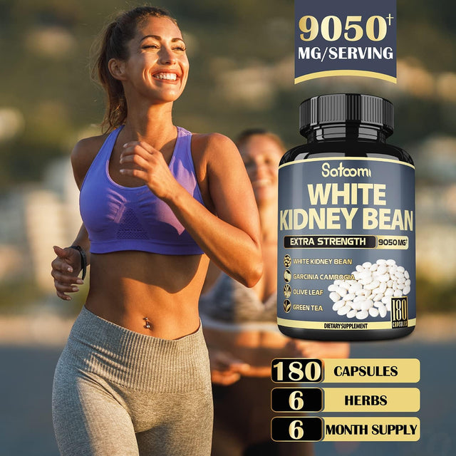 Premium 6 in 1 White Kidney Bean Extract Capsules - 6 Month Supply - Equivalent to 9050Mg - Extra Blend with Olive Leaf, Green Coffee Bean & Green Tea - Support Carb Scale down - 1 Pack 180 Count
