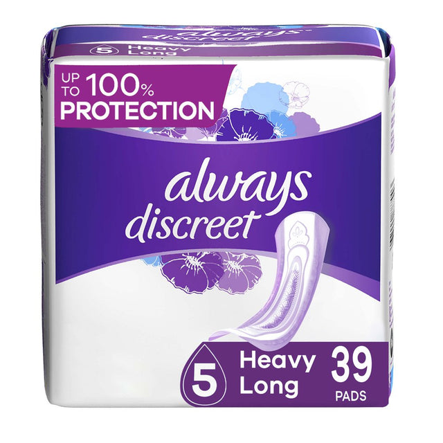 Always Discreet Incontinence Pads, Heavy Absorbency, Long, 39 Ct