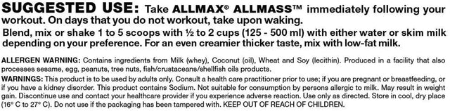 ALLMAX ALLMASS, Vanilla - 12 Lb - Advanced Muscle Gainer - up to 80 Grams of Protein per Serving - 5:1 Carb-To-Protein Ratio - Zero Trans Fat - up to 57 Servings