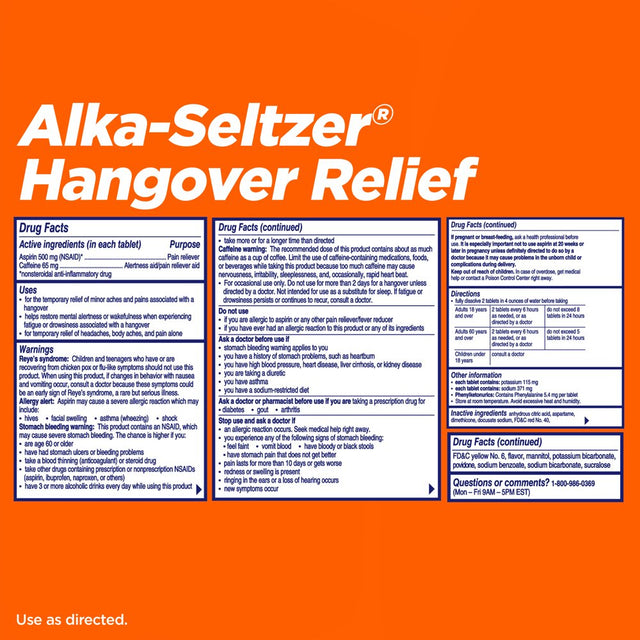 Alka-Seltzer Effervescent Hangover Relief, Aspirin, Caffeine, 20 Count
