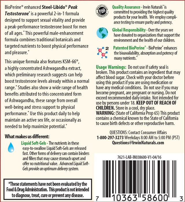 Irwin Naturals Steel-Libido Peak Testosterone, 75CT with Pill Case