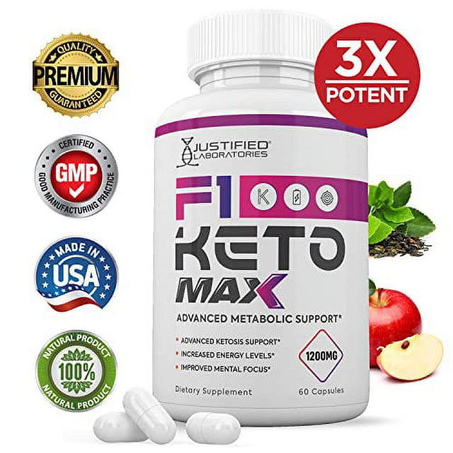 F1 Keto Max 1200MG Pills Includes Apple Cider Vinegar Gobhb Strong Exogenous Ketones Advanced Ketogenic Supplement Ketosis Support for Men Women 60 Capsules