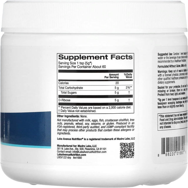 Lake Avenue D-Ribose Powder, Unflavored, 10.6 Oz (300 G), Nutrition