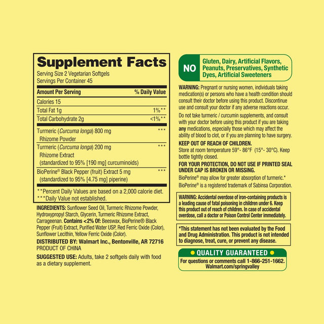 Spring Valley Extra Strength Turmeric Curcumin Complex Softgels Dietary Supplement, 1,000 Mg, 90 Ct