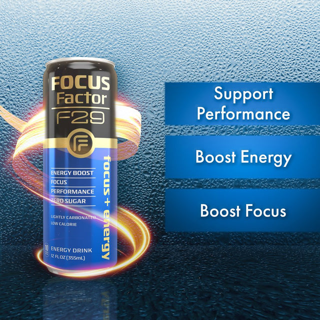 Focus Factor F29 Nootropic Focus + Energy Drink (Blue Razz Flavor) – Sugar Free, Pack of 12 – Lightly Carbonated – 10 Calories per Serving – Nootropic Beverage
