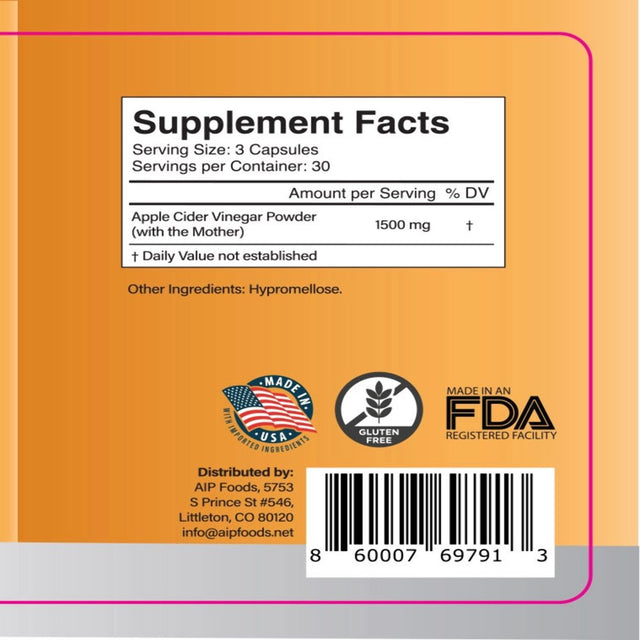 AIP Diet Supplement | Raw Apple Cider Vinegar 1500Mg Supplement with Mother | Gluten Free | AIP Foods