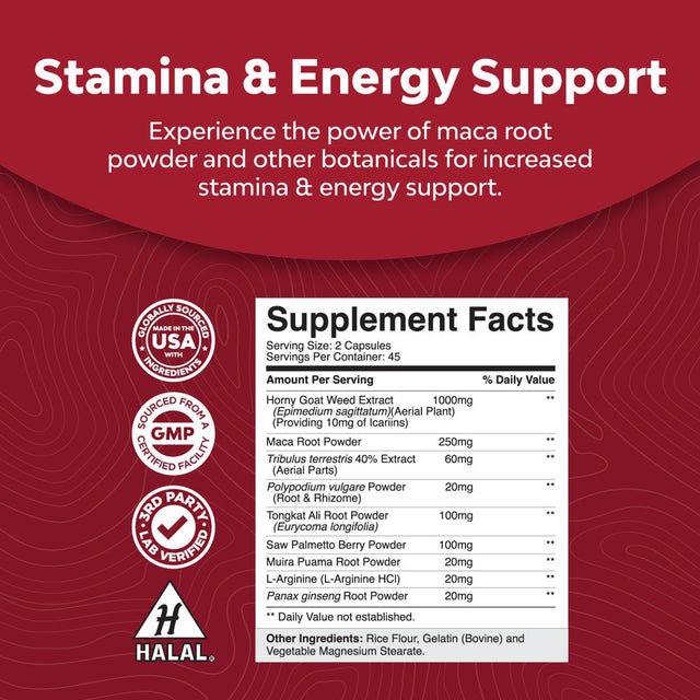 Horny Goat Weed Extract Complex - Invigorating Blend with Tribulus Saw Palmetto L Arginine and Tongkat Ali Extract and Maca Root for Men and Women for Enhanced Energy and Stamina - 90 Capsules