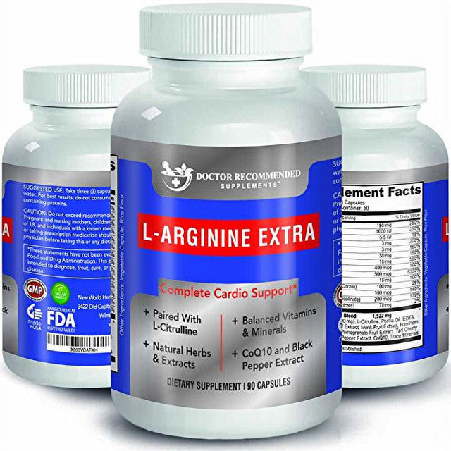 L-Arginine- 90 Capsules- 1000 Mg Nitric Oxide Formula by Doctor Recommended Supplements - Supports Cardio Health, Nitric Oxide Production , Stamina & More - 1 Month Supply