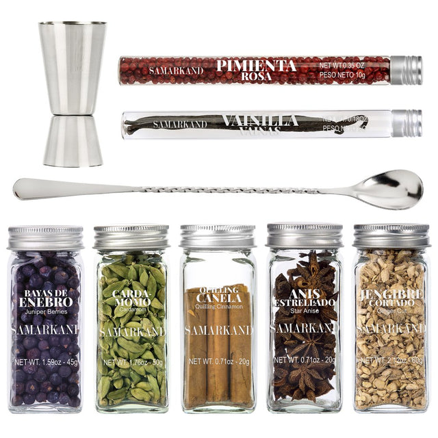 Gin & Tonic Premium Set of Cocktail Botanicals & Spices - Spoon & Dispenser - Mixology Flavoring Kit