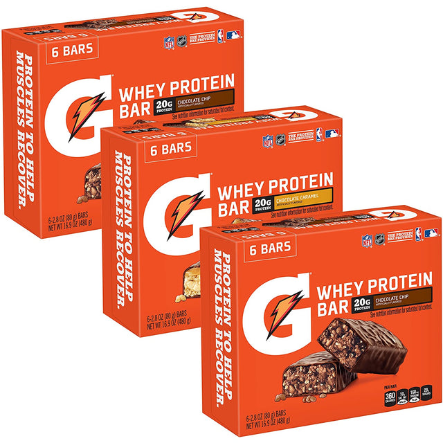 Gatorade Whey Protein Bars, Variety Pack, 2.8 Oz Bars, 18 Count (Pack of 1) and Gatorade Whey Protein Recover Bars, Chocolate Chip, 2.8 Ounce Bars (12 Count)