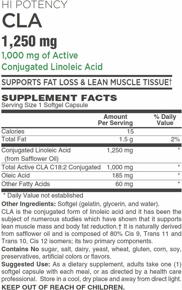 CLA (True Active Conjugated Linoleic Acid) • High Potency - Optimal 1:1 Ratio of Isomers• 1,250Mg Softgels