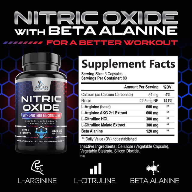 Extra Strength Nitric Oxide Supplement L Arginine 3X Strength - Citrulline Malate, AAKG, Beta Alanine - Premium Muscle Supporting Nitric Oxide Booster for Strength & Energy Supplements - 240 Capsules